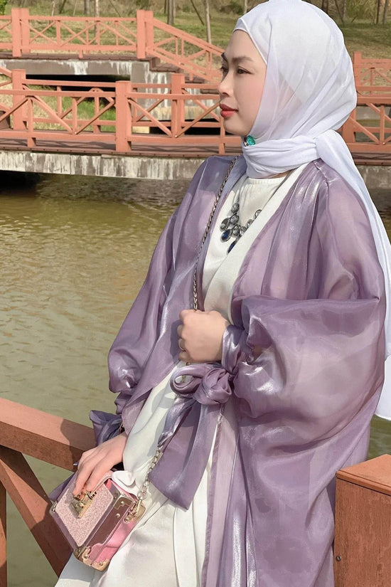 Shinny Women Open Abaya With Ribbon Cuff - IVORYNN