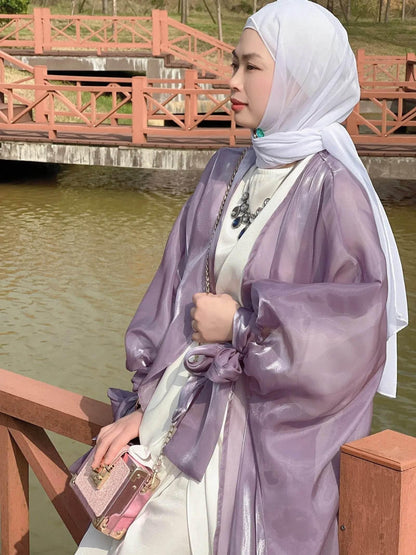 Shinny Women Open Abaya With Ribbon Cuff - IVORYNN