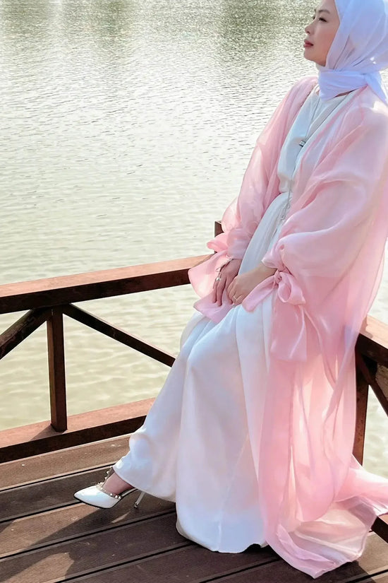 Shinny Women Open Abaya With Ribbon Cuff - IVORYNN
