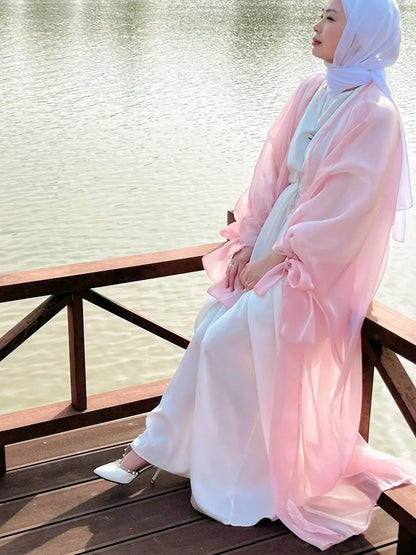 Shinny Women Open Abaya With Ribbon Cuff - IVORYNN