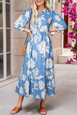 Sky Blue Floral Print Puff Sleeve Collared Dress - IVORYNN