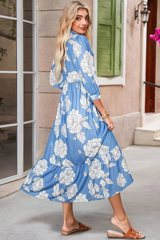 Sky Blue Floral Print Puff Sleeve Collared Dress - IVORYNN