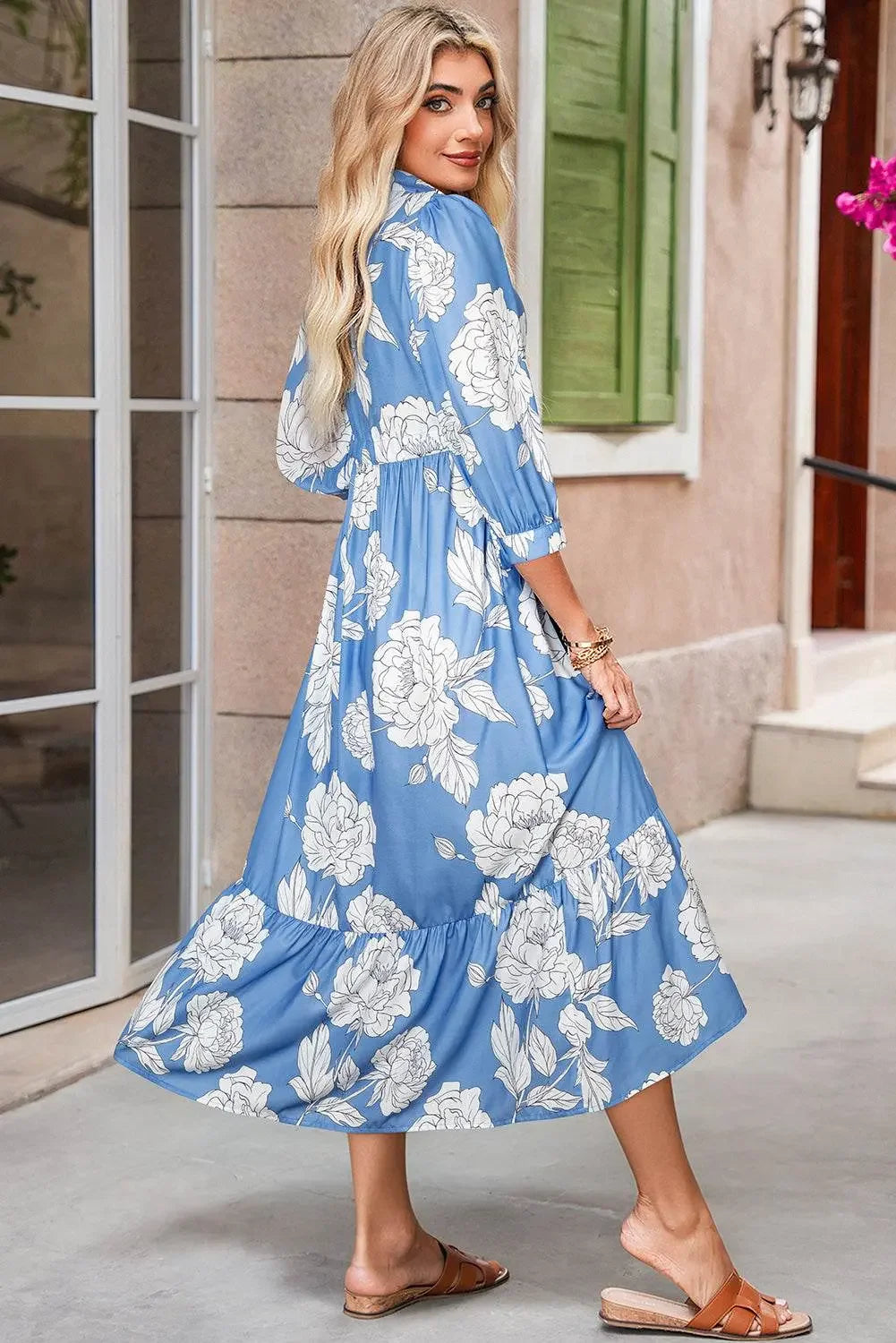Sky Blue Floral Print Puff Sleeve Collared Dress - IVORYNN