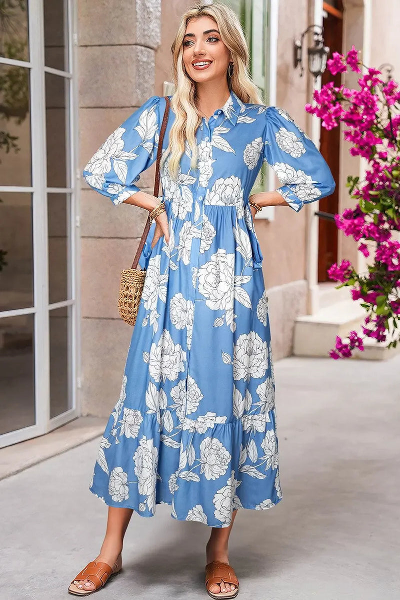 Sky Blue Floral Print Puff Sleeve Collared Dress - IVORYNN