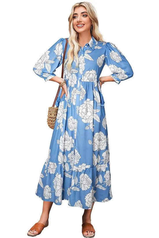 Sky Blue Floral Print Puff Sleeve Collared Dress - IVORYNN