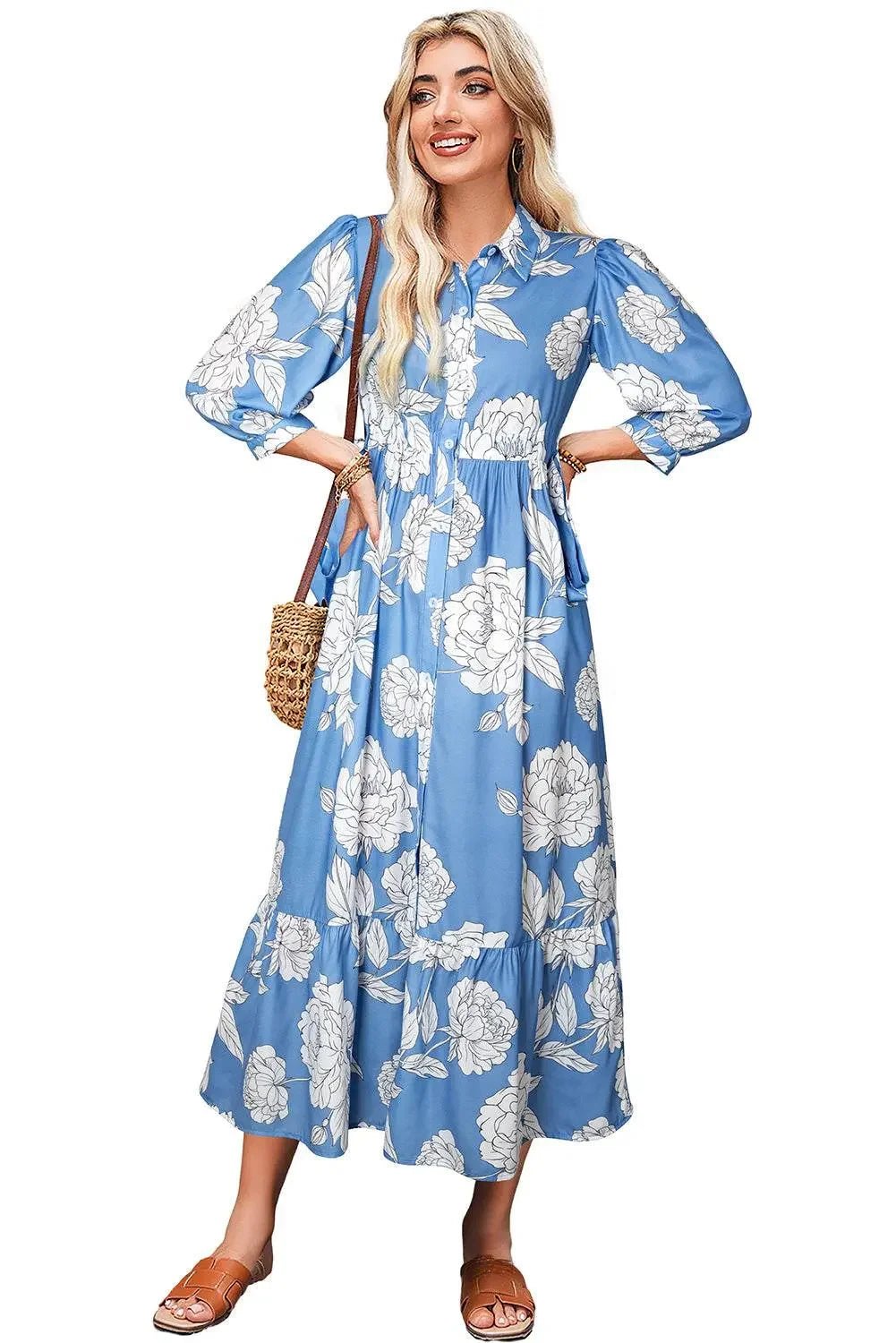 Sky Blue Floral Print Puff Sleeve Collared Dress - IVORYNN