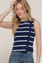 Sleeveless Diagonal Shape Stripe Spring Navy Sweater - IVORYNN