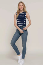 Sleeveless Diagonal Shape Stripe Spring Navy Sweater - IVORYNN