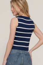 Sleeveless Diagonal Shape Stripe Spring Navy Sweater - IVORYNN