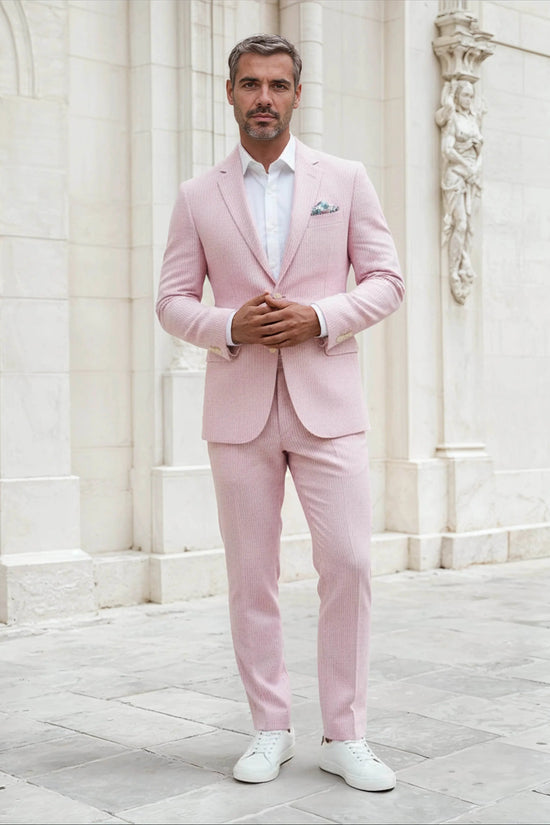 Slim Fit Two-Button Seersucker Pink Suit Set - IVORYNN