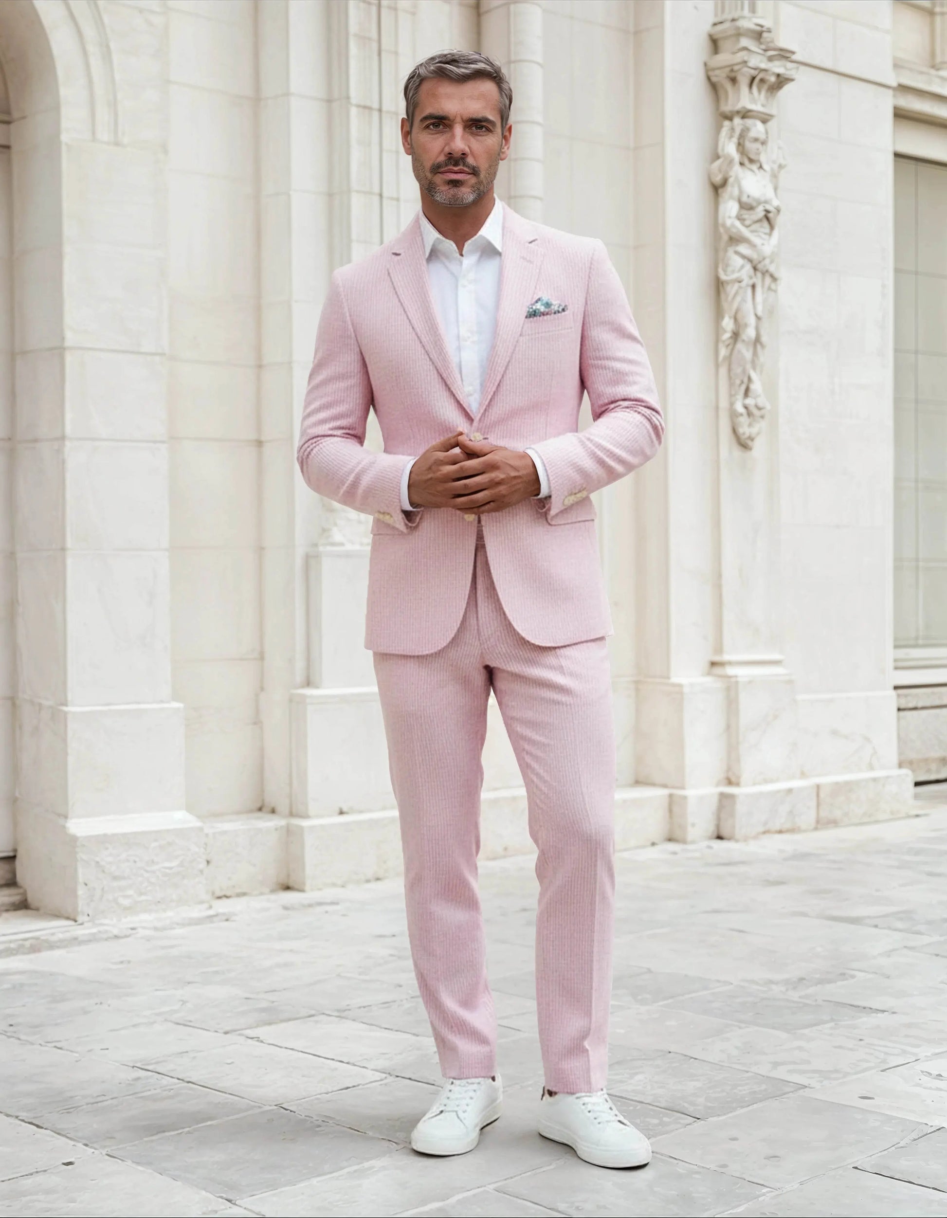 Slim Fit Two-Button Seersucker Pink Suit Set - IVORYNN