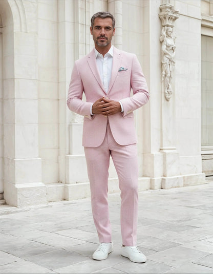 Slim Fit Two-Button Seersucker Pink Suit Set - IVORYNN