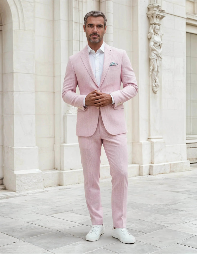 Slim Fit Two-Button Seersucker Pink Suit Set - IVORYNN