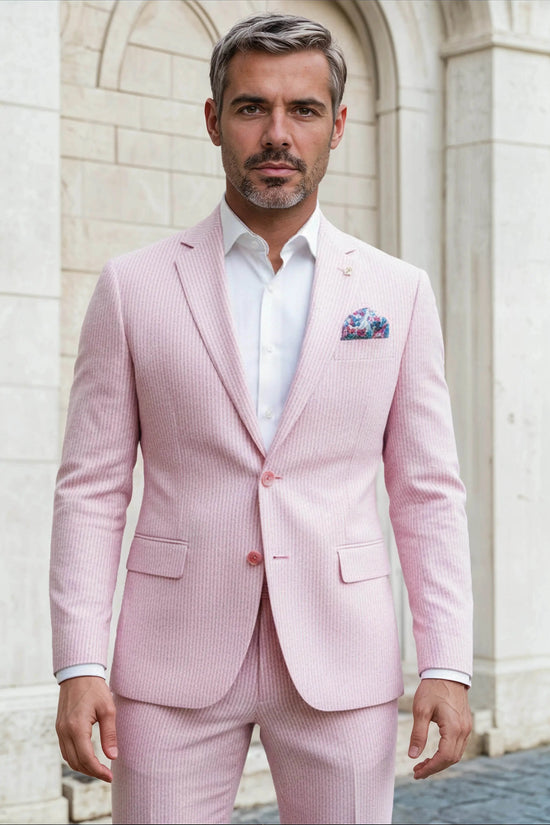 Slim Fit Two-Button Seersucker Pink Suit Set - IVORYNN