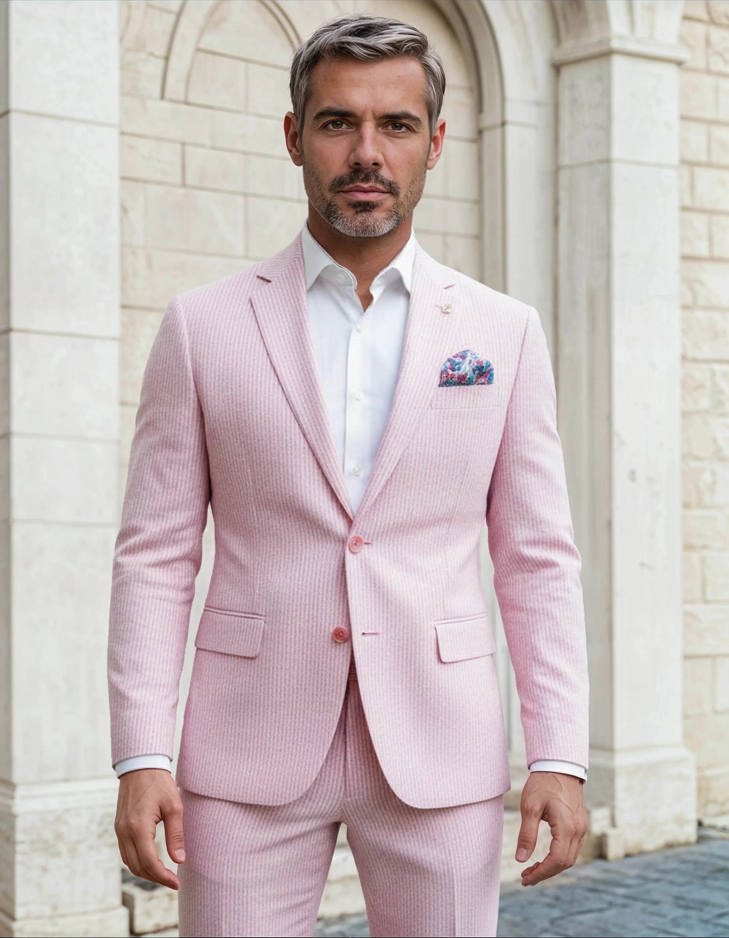 Slim Fit Two-Button Seersucker Pink Suit Set - IVORYNN