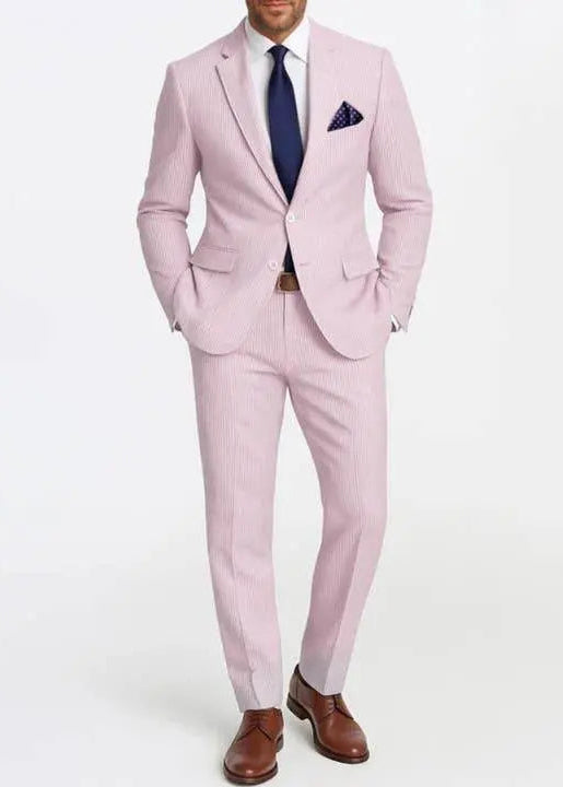 Slim Fit Two-Button Seersucker Pink Suit Set - IVORYNN