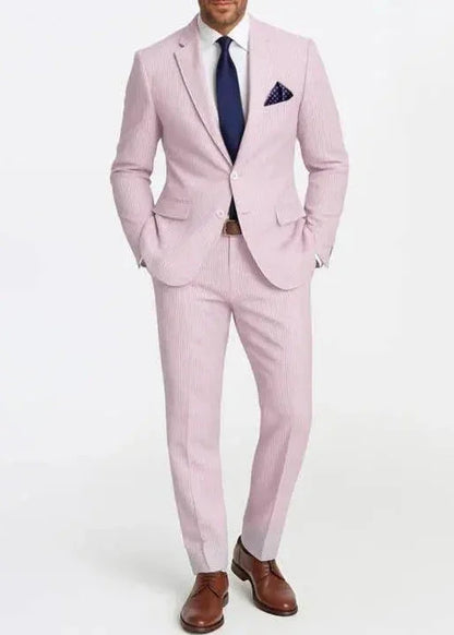 Slim Fit Two-Button Seersucker Pink Suit Set - IVORYNN