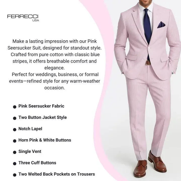 Slim Fit Two-Button Seersucker Pink Suit Set - IVORYNN