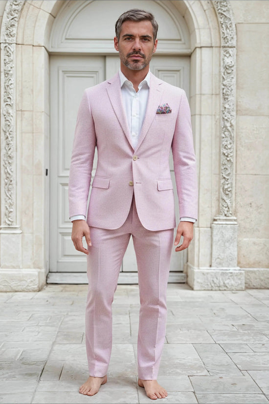 Slim Fit Two-Button Seersucker Pink Suit Set - IVORYNN