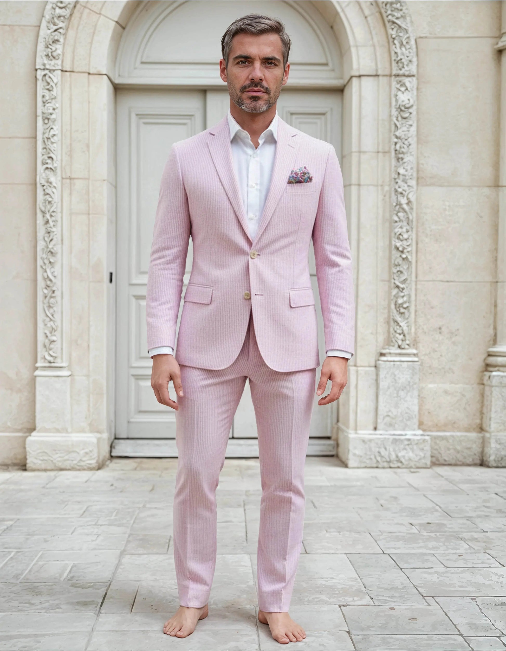 Slim Fit Two-Button Seersucker Pink Suit Set - IVORYNN