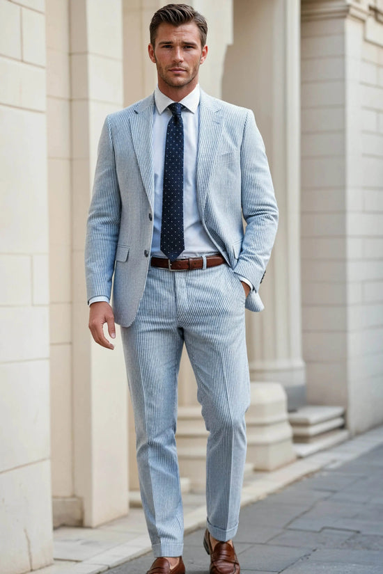 Slim Fit Two-Button Seersucker Roman Silver Suit Set - IVORYNN