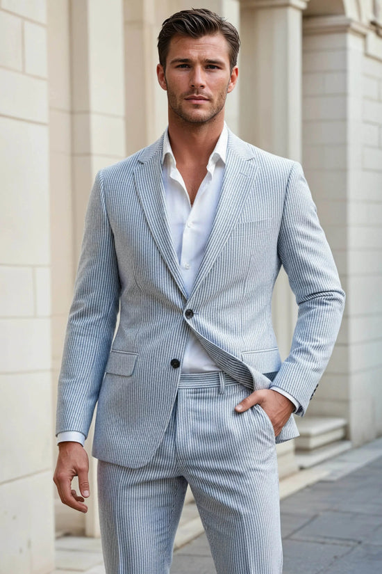 Slim Fit Two-Button Seersucker Roman Silver Suit Set - IVORYNN
