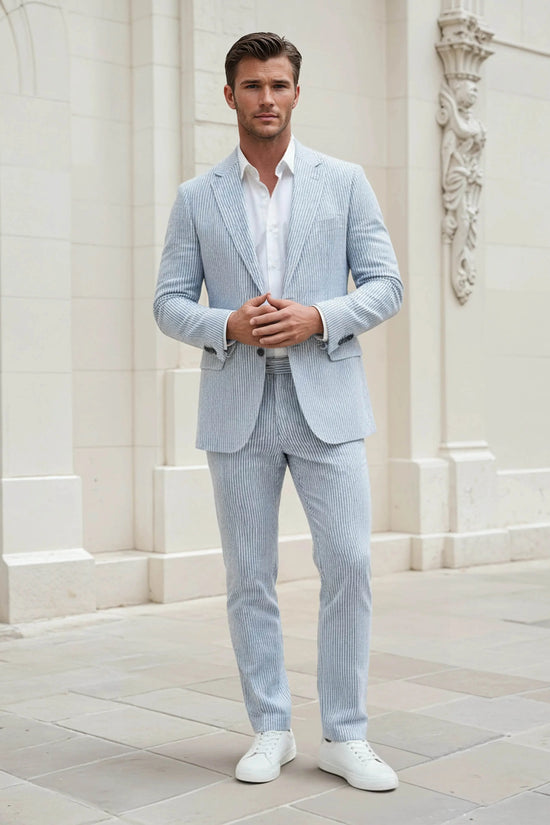 Slim Fit Two-Button Seersucker Roman Silver Suit Set - IVORYNN