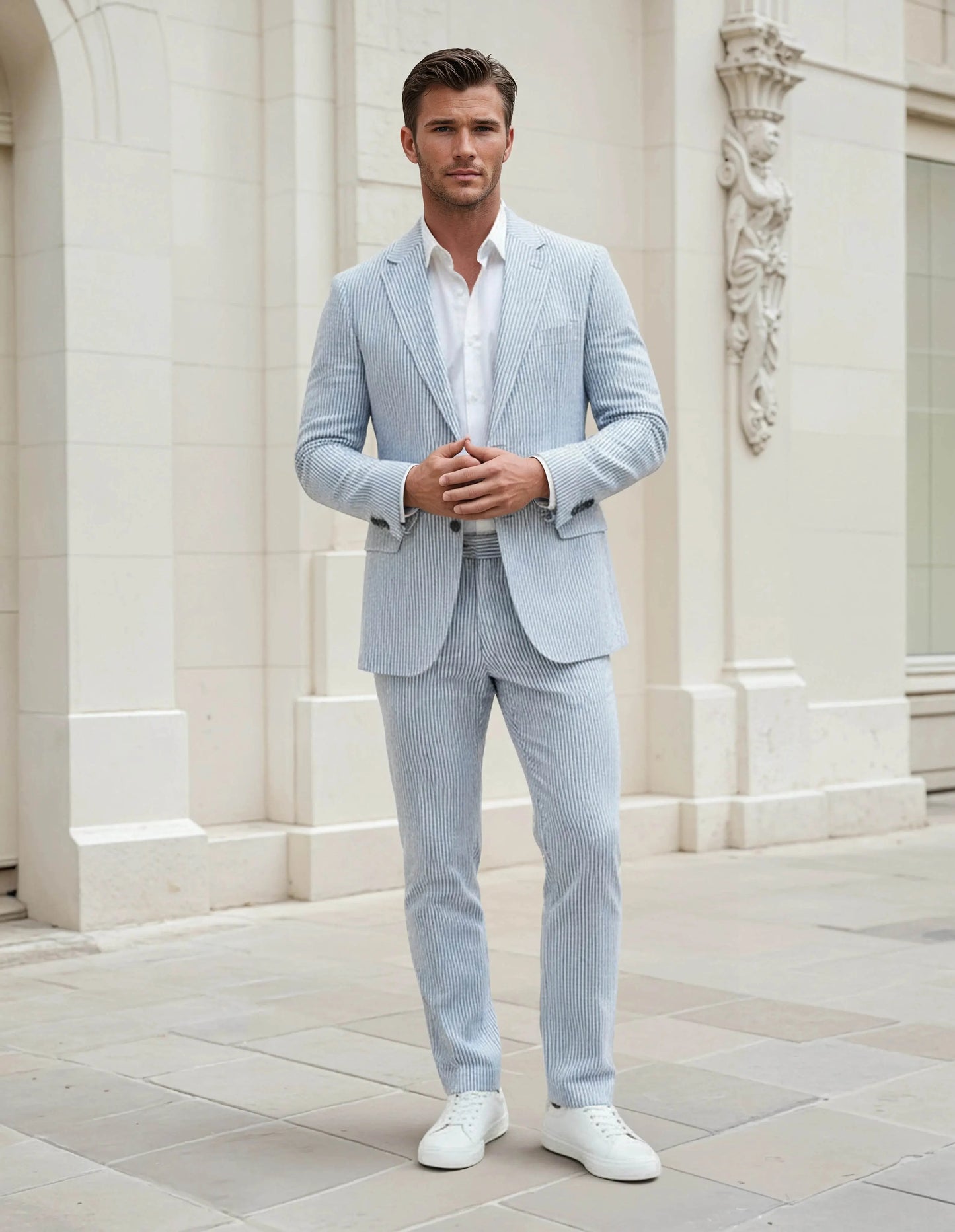 Slim Fit Two-Button Seersucker Roman Silver Suit Set - IVORYNN