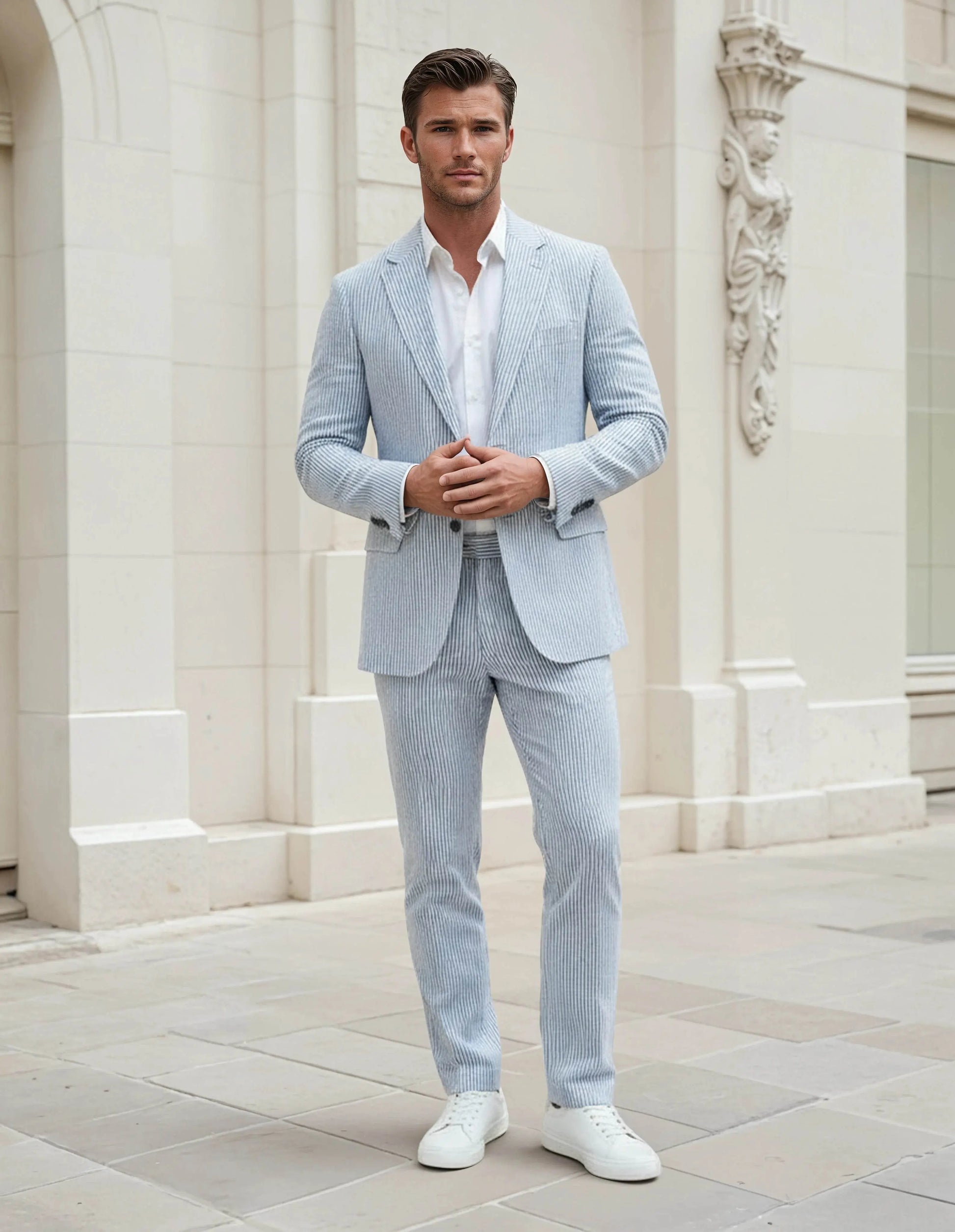 Slim Fit Two-Button Seersucker Roman Silver Suit Set - IVORYNN