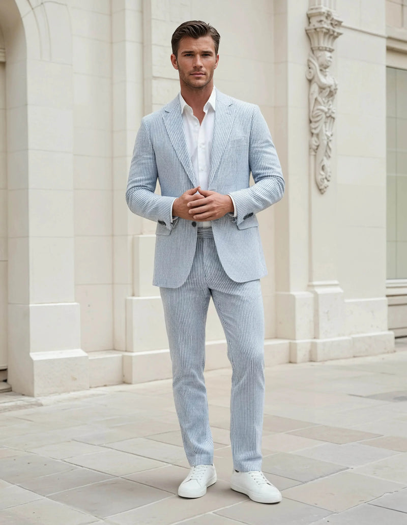 Slim Fit Two-Button Seersucker Roman Silver Suit Set - IVORYNN