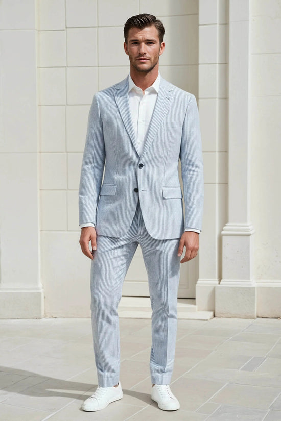 Slim Fit Two-Button Seersucker Roman Silver Suit Set - IVORYNN