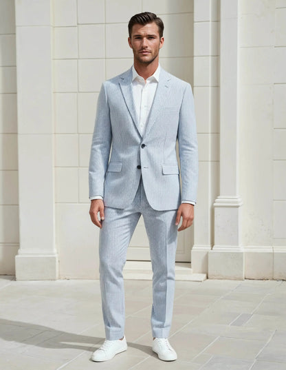 Slim Fit Two-Button Seersucker Roman Silver Suit Set - IVORYNN