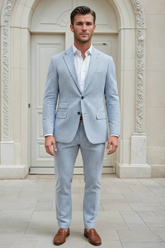 Slim Fit Two-Button Seersucker Roman Silver Suit Set - IVORYNN