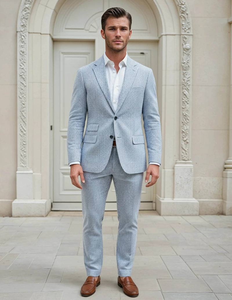 Slim Fit Two-Button Seersucker Roman Silver Suit Set - IVORYNN