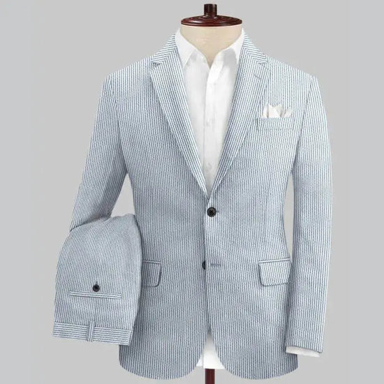 Slim Fit Two-Button Seersucker Roman Silver Suit Set - IVORYNN