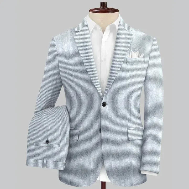 Slim Fit Two-Button Seersucker Roman Silver Suit Set - IVORYNN