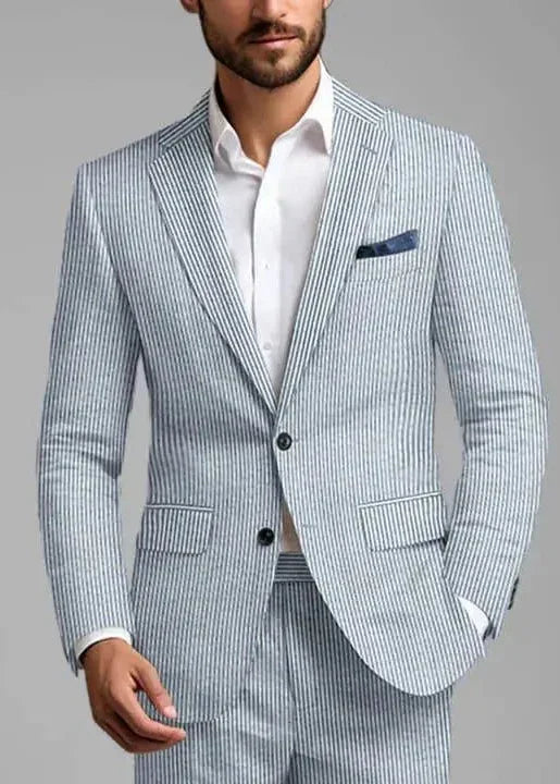 Slim Fit Two-Button Seersucker Roman Silver Suit Set - IVORYNN