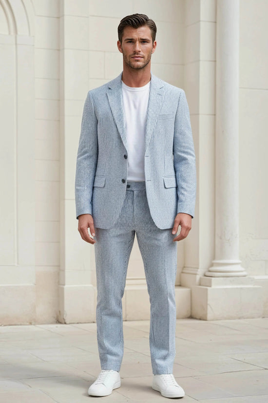 Slim Fit Two-Button Seersucker Roman Silver Suit Set - IVORYNN