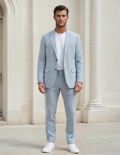 Slim Fit Two-Button Seersucker Roman Silver Suit Set - IVORYNN