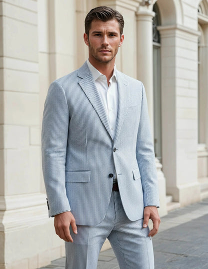 Slim Fit Two-Button Seersucker Roman Silver Suit Set - IVORYNN