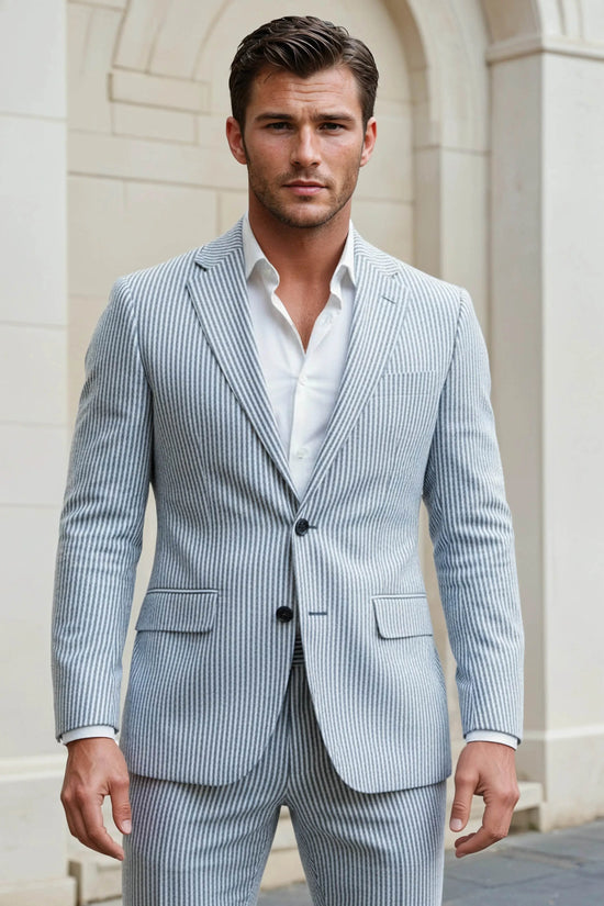 Slim Fit Two-Button Seersucker Roman Silver Suit Set - IVORYNN