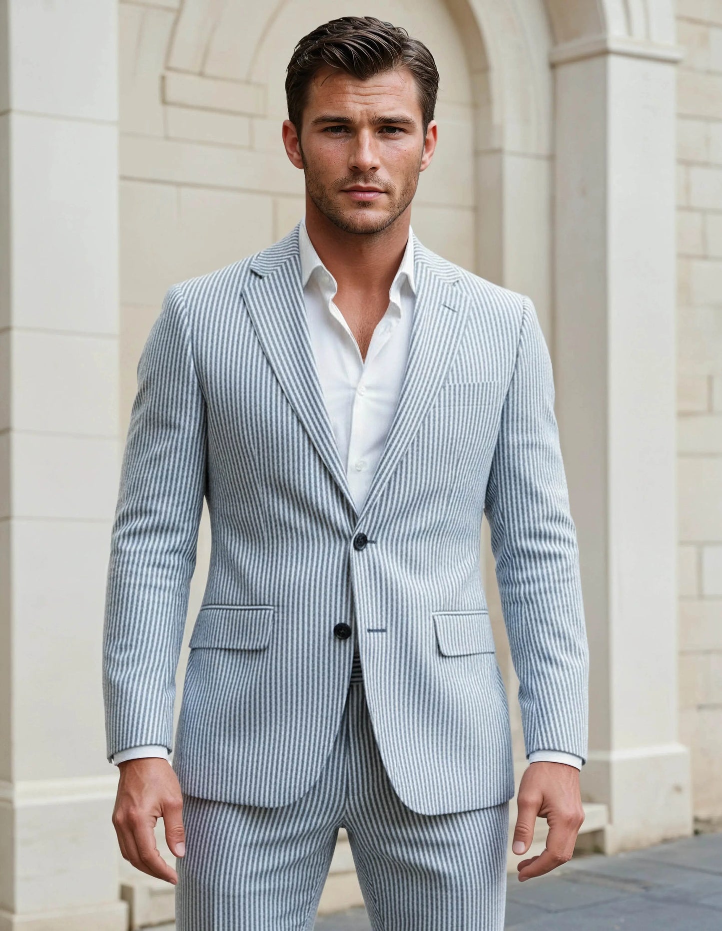Slim Fit Two-Button Seersucker Roman Silver Suit Set - IVORYNN