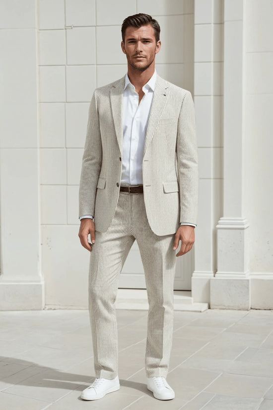 Slim Fit Two-Button Seersucker Tan Suit Set - IVORYNN