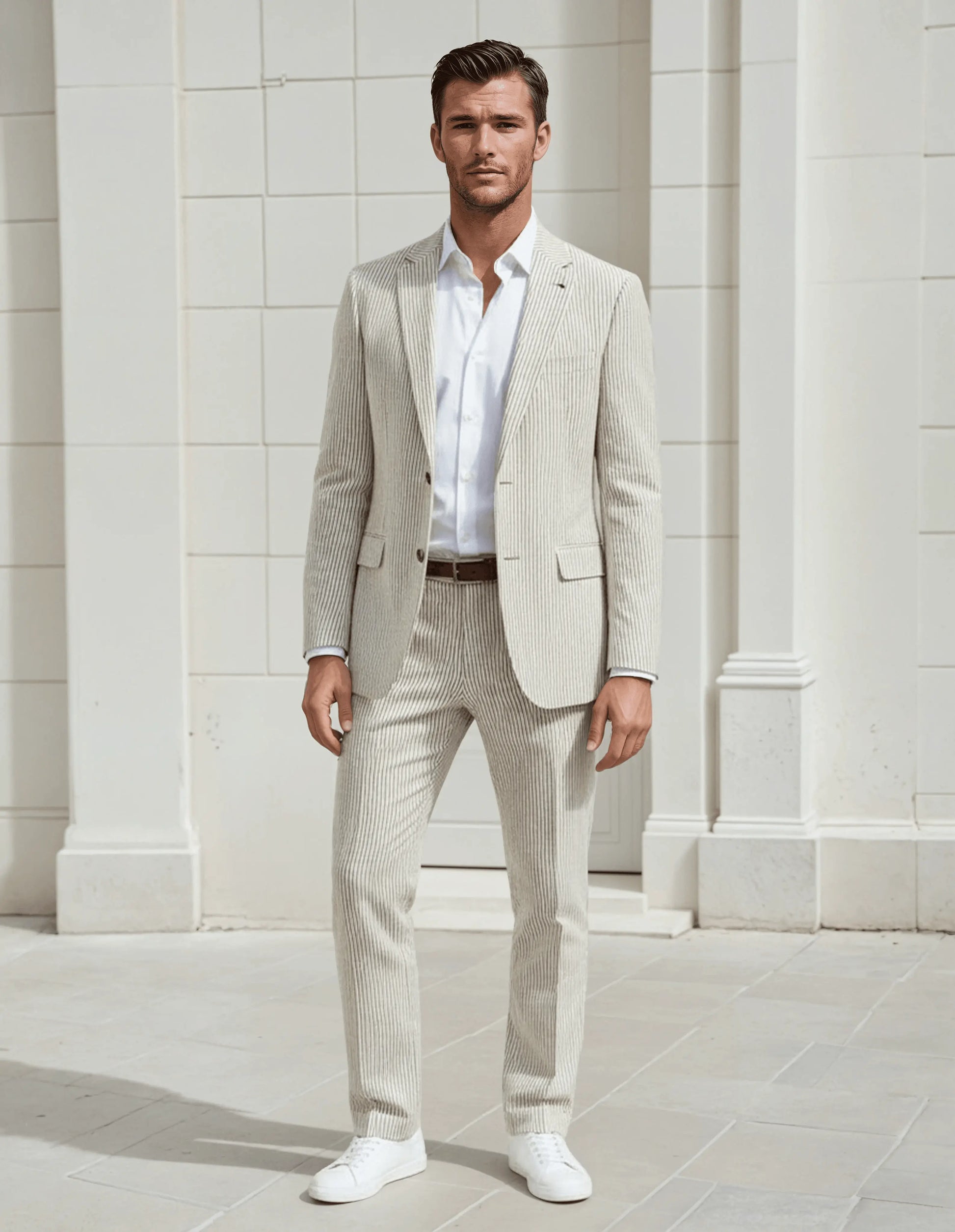 Slim Fit Two-Button Seersucker Tan Suit Set - IVORYNN