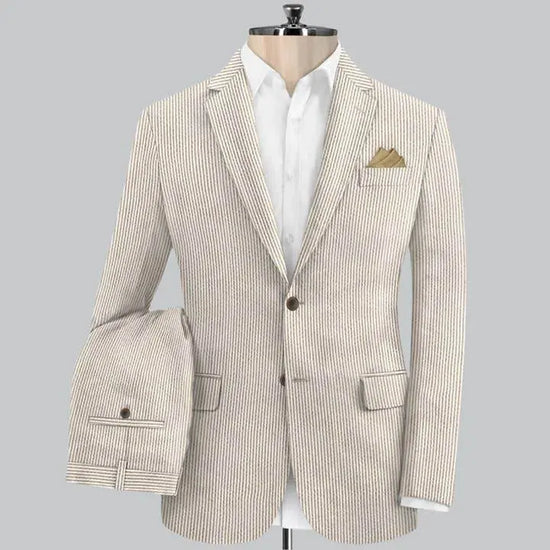 Slim Fit Two-Button Seersucker Tan Suit Set - IVORYNN