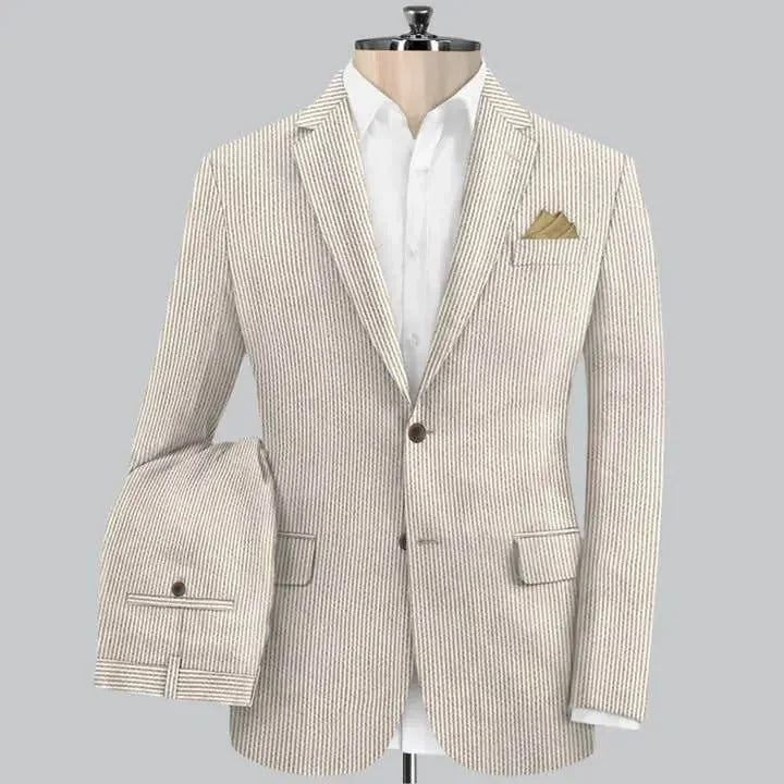 Slim Fit Two-Button Seersucker Tan Suit Set - IVORYNN