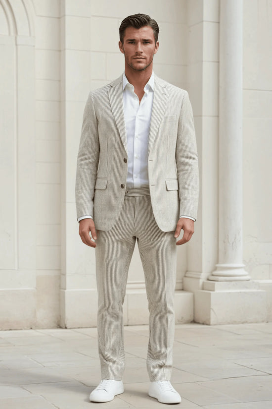 Slim Fit Two-Button Seersucker Tan Suit Set - IVORYNN