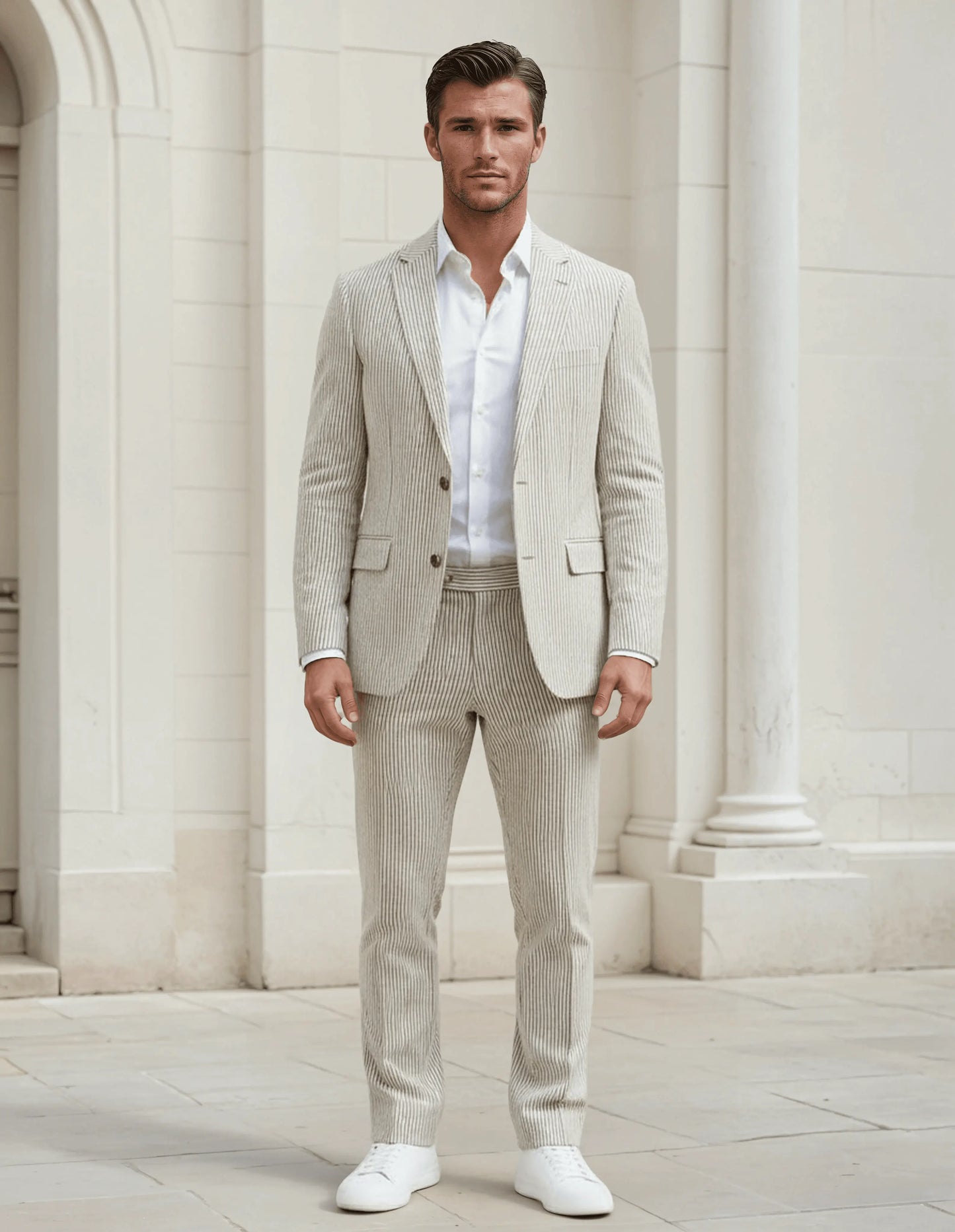 Slim Fit Two-Button Seersucker Tan Suit Set - IVORYNN