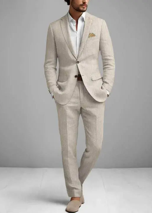 Slim Fit Two-Button Seersucker Tan Suit Set - IVORYNN