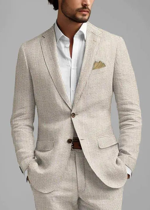 Slim Fit Two-Button Seersucker Tan Suit Set - IVORYNN